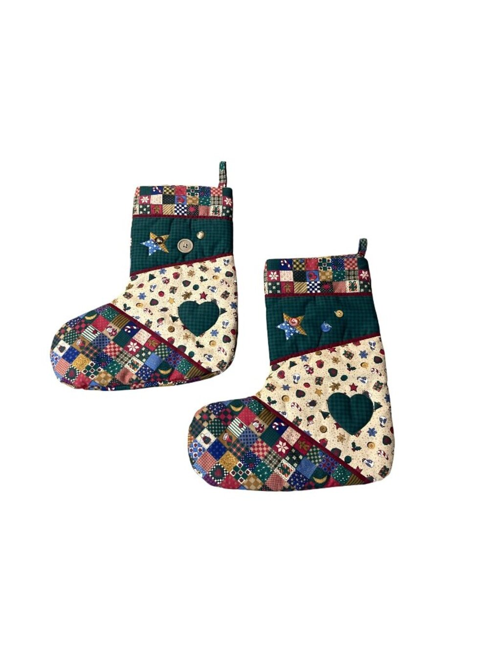 Handmade Patchwork Print Quilted Christmas Stockings Set Of 2 14” Used